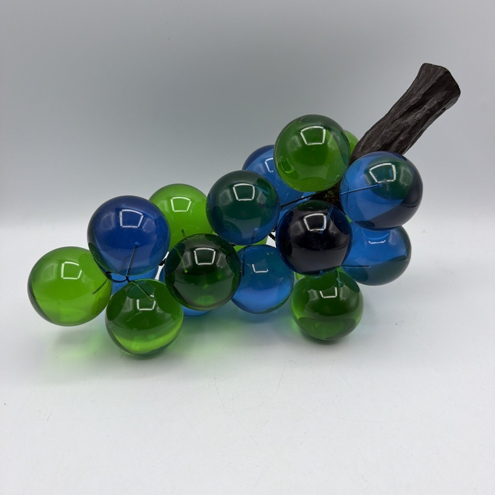 VTG Mid Century Lucite Acrylic Grape Cluster Green Blue Wood Stem 12"